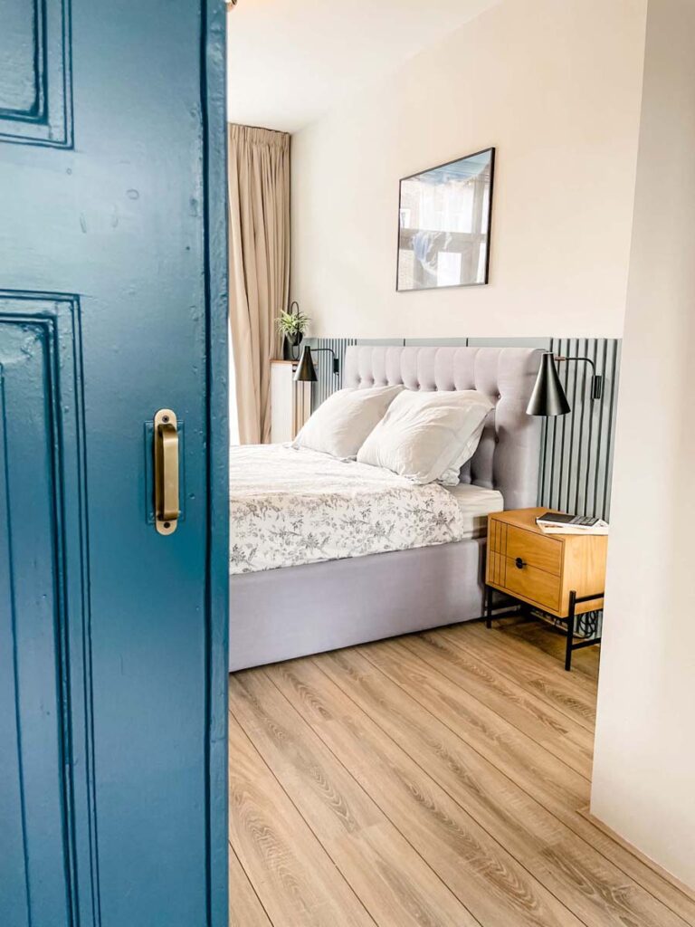 Blue Pocket doors to bedroom