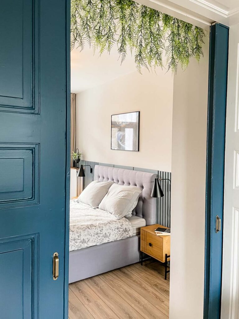 blue pocket doors to bedroom