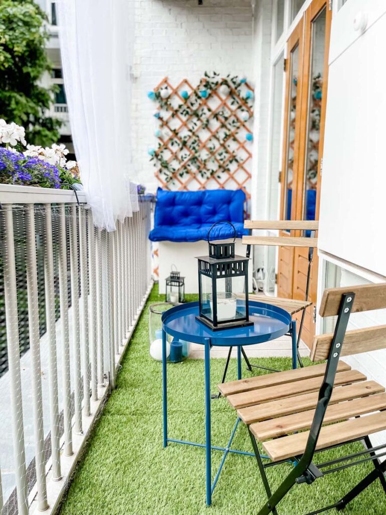 Balcony with grass and coffee table 