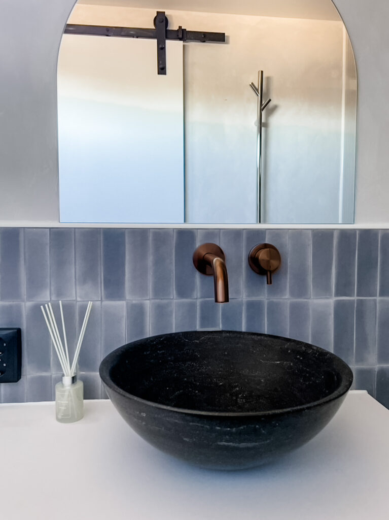 stone vessel sink with brass built in taps