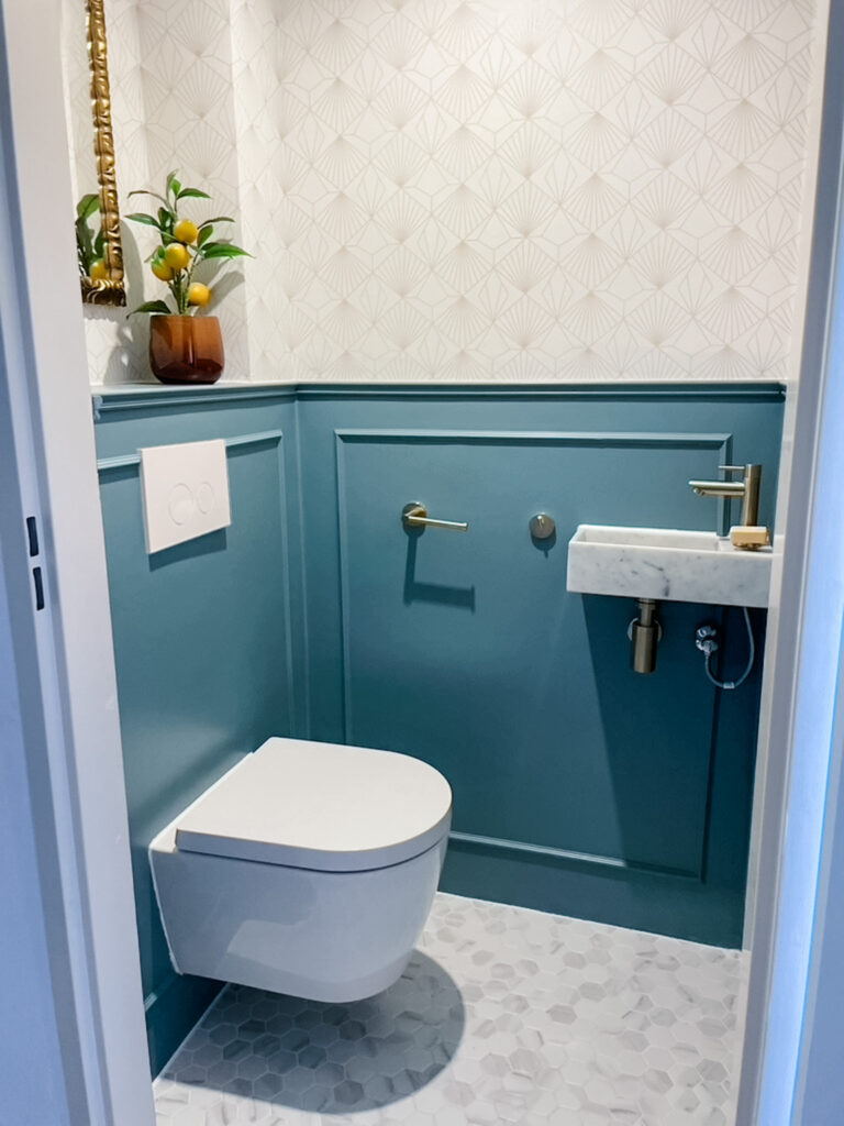 Blue and gold bathroom remodel 